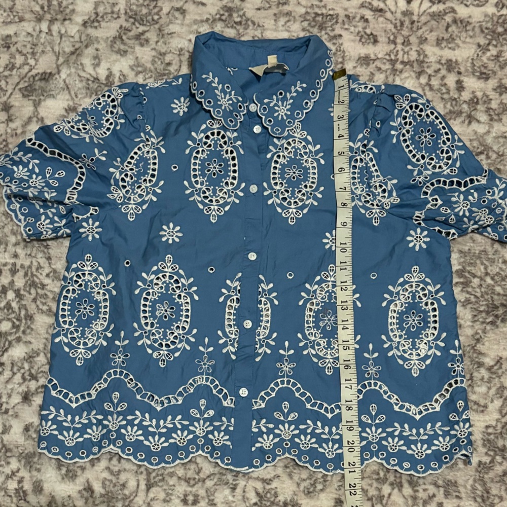 🌼Sezane ELVIRA BLOUSE in CREAM Blue CHAMBRAY Embroidered Button-Up Blouse - Picture 10 of 11